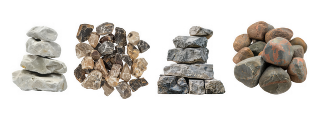 Collection of  Pile of stones and rocks isolated on transparent background