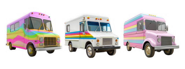 Collection of Colorful food trucks isolated on transparent background