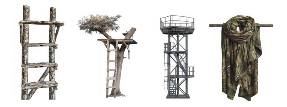 Collection of hunting structures and a scarf isolated on a transparent background