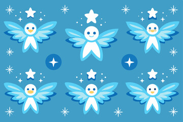 Seamless cartoon vector pattern featuring blue flowers, butterflies, and bees, perfect for spring and summer designs