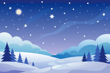 Fototapeta premium Christmas night winter landscape vector illustration with snow, pine trees, and a starry sky
