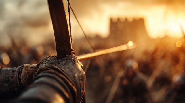 A close-up view of a determined archer drawing back their bowstring, showcasing focus and strength, as the backdrop hints at a historically rich battle scene.