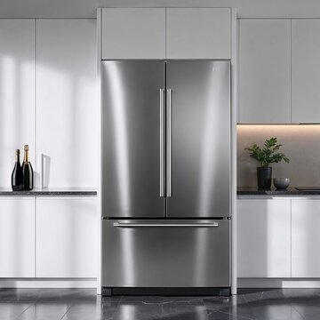 Modern stainless steel refrigerator in minimalist kitchen design  