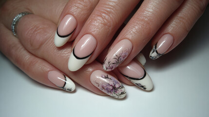Oval nails with creative patterns. design of nail art. nail extensions. acrylic nails. A manicure