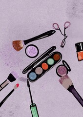 Cosmetics arrangement featuring makeup and on a purple textured background. An artistic illustration showcases makeup essentials on a lilac surface, perfect for beauty and cosmetic themes.