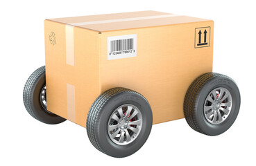 Cardboard shipping box with car wheels. Fast, mobile delivery, concept. 3D rendering isolated on transparent background