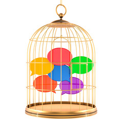 Colorful speech bubbles in golden birdcage. Censorship, restriction of free speech, concept. 3D rendering isolated on transparent background