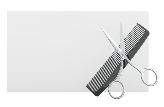 Hairdressing scissors and black comb with blank white business card template. 3D rendering isolated on transparent background