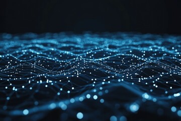 A network of interconnected glowing nodes and lines creates a futuristic wave-like pattern against a dark background, conveying connectivity and technology.