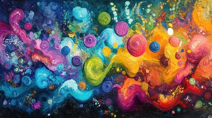 Abstract cosmic swirls, vibrant colours, and dynamic forms in a canvas painting