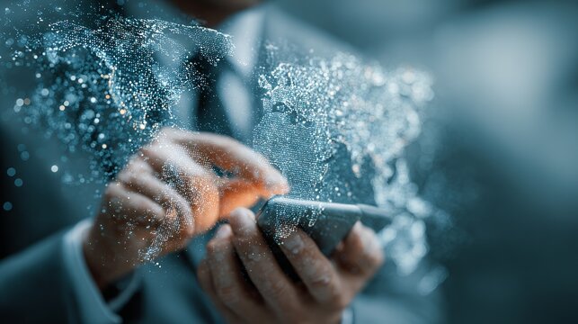 Man in suit uses smartphone with digital overlay of world map and glowing particles in a blurred scene