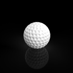 White golf ball resting on reflective black surface