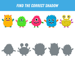 Find correct shadow of cute monsters. Educational logical game for kids. Halloween game. Cartoon monsters. 