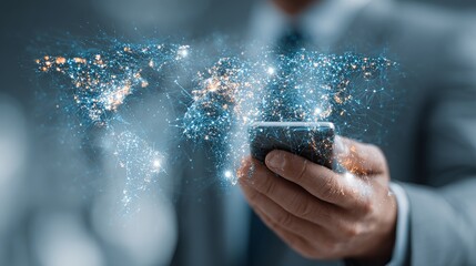 A man holding a smartphone with a glowing world map overlayed on top of the device in a suit jacket