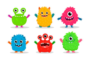 set of cartoon monsters. Cute monster in flat style. Kids funny character design for posters, cards, magazins. 