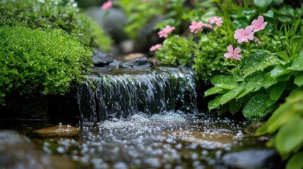 Tranquil garden stream with pink flowers