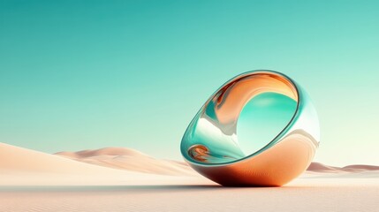 A contemporary mirrored sculpture reflects the serene desert landscape, merging art and nature in a surreal way that invites contemplation and aesthetic appreciation.