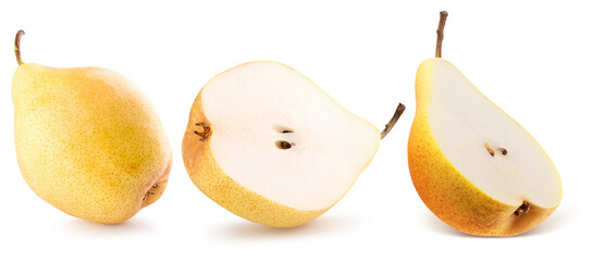 collection of yellow pears with slices isolated on a white background