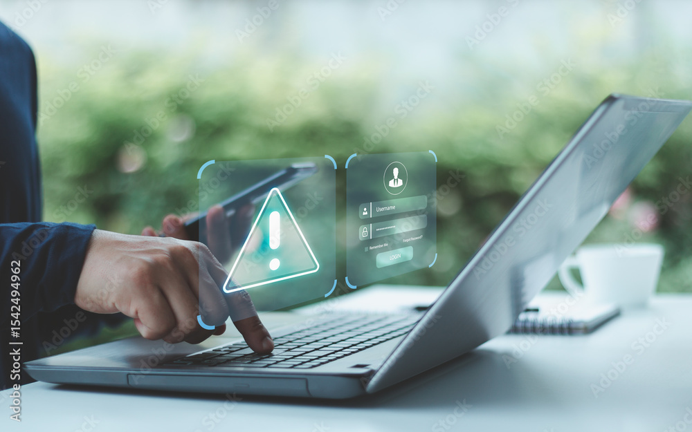 Leinwandbilder cyber security and cyber crime warning notification. fraud alert or smartphone scam, system hacked w
