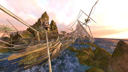 島の突端にある見張り小屋　3DCGレンダリング
