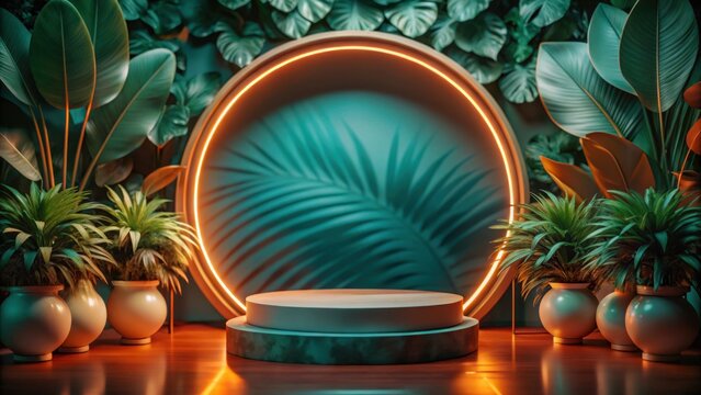 Tropical plant display with illuminated circular backdrop and product podium