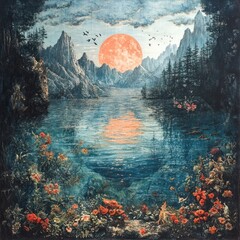 Mystical lake landscape with vibrant flora and fauna