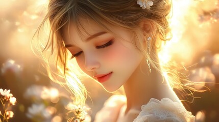 Delicate, serene girl in a field