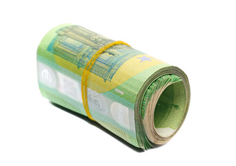 money rolls, rolled up hundred euro banknotes, bills tied up with rubber band isolated on white background	
