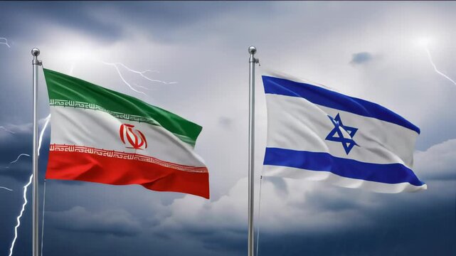 war in middle east, conflict between israel and iran, flags of two nations waving on the wind in front of the destruction of the wars