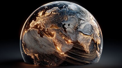 A stylized earth globe showing europe asia and africa with city lights on a dark background surface 100