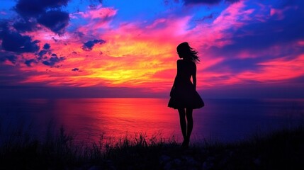 Silhouette of a woman at sunset over the sea
