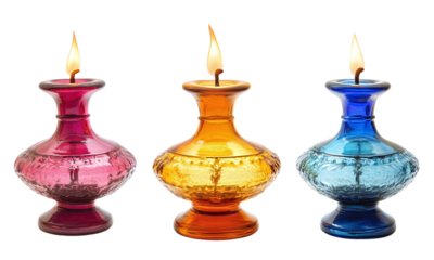 Colorful decorative oil lamps glowing gently warm inviting atmosphere isolated on transparent background.