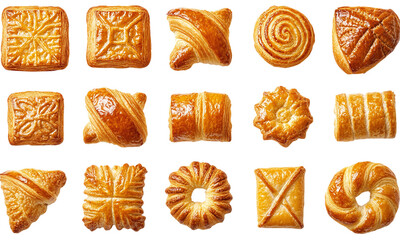 Croissants golden flaky pastries different shapes delicious isolated on transparent background.