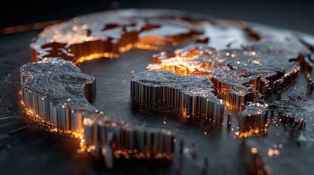 A futuristic world map with metallic continents and glowing lights representing city locations seen close up
