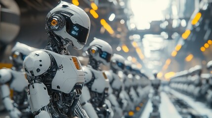 Futuristic robots in a factory setting