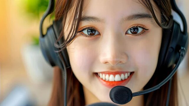 Smiling Customer Service Agent: A friendly, young woman with a bright smile wears a headset, providing excellent customer service. Her positive expression conveys helpfulness and professionalism.