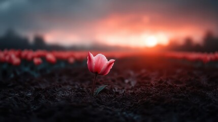 A solitary pink tulip stands tall against a blurred backdrop of tulip fields at sunset, symbolizing hope and resilience amidst a vibrant natural setting and colorful atmosphere.