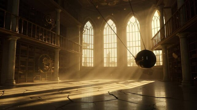 Swinging Pendulum in Ancient Library Full of Books Slow Motion