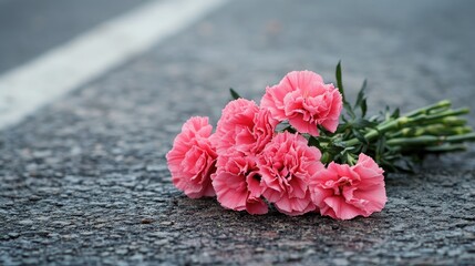 3d rendering Pink Carnations on Asphalt: Roadside Memorial, Grief, Remembrance, Petal Detail AI Generative