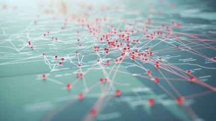 Abstract map with red dots connected by lines on a light blue background