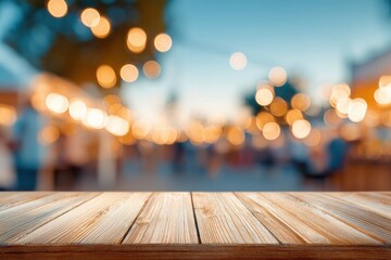 photo of wooden table with party lights on blur background, colorful bokeh, outdoor night festival, energetic atmosphere, mock up for design and product display