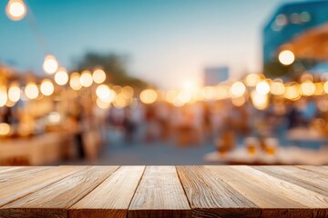 photo of wooden table with party lights on blur background, colorful bokeh, outdoor night festival, energetic atmosphere, mock up for design and product display