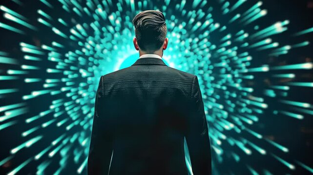 Journey into the Abstract: An elegant individual in a tailored suit faces a mesmerizing vortex of ethereal light, a striking visual exploration of introspective potential and the unknown