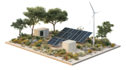 solar panels and wind turbine on white background