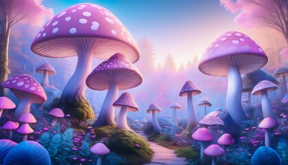 whimsical mushroom forest in pastel hues