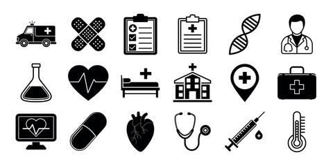 Black and White Medical Icons Set – Hospital, Doctor, DNA, Syringe, Heart and Health Symbols