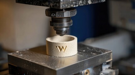 CNC workspace showcasing engraved initials on custom gold ring base