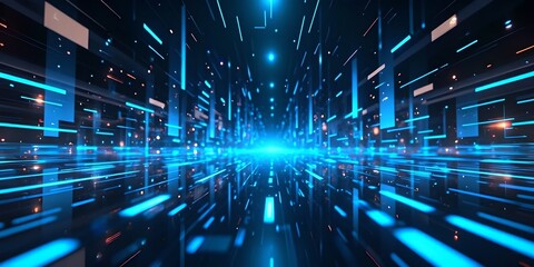Fototapeta premium Abstract visual representation of the concept of cybersecurity. The image shows a constant flow of glowing binary code on a dark background, conveying dynamism and digital protection. In the center, a