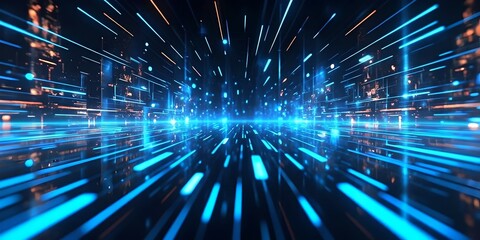 Obraz premium Abstract visual representation of the concept of cybersecurity. The image shows a constant flow of glowing binary code on a dark background, conveying dynamism and digital protection. In the center, a