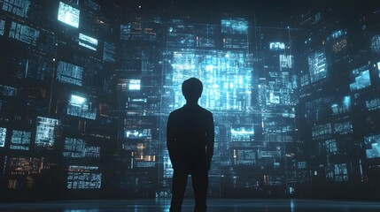 Silhouette of a person standing before a wall of glowing computer screens data